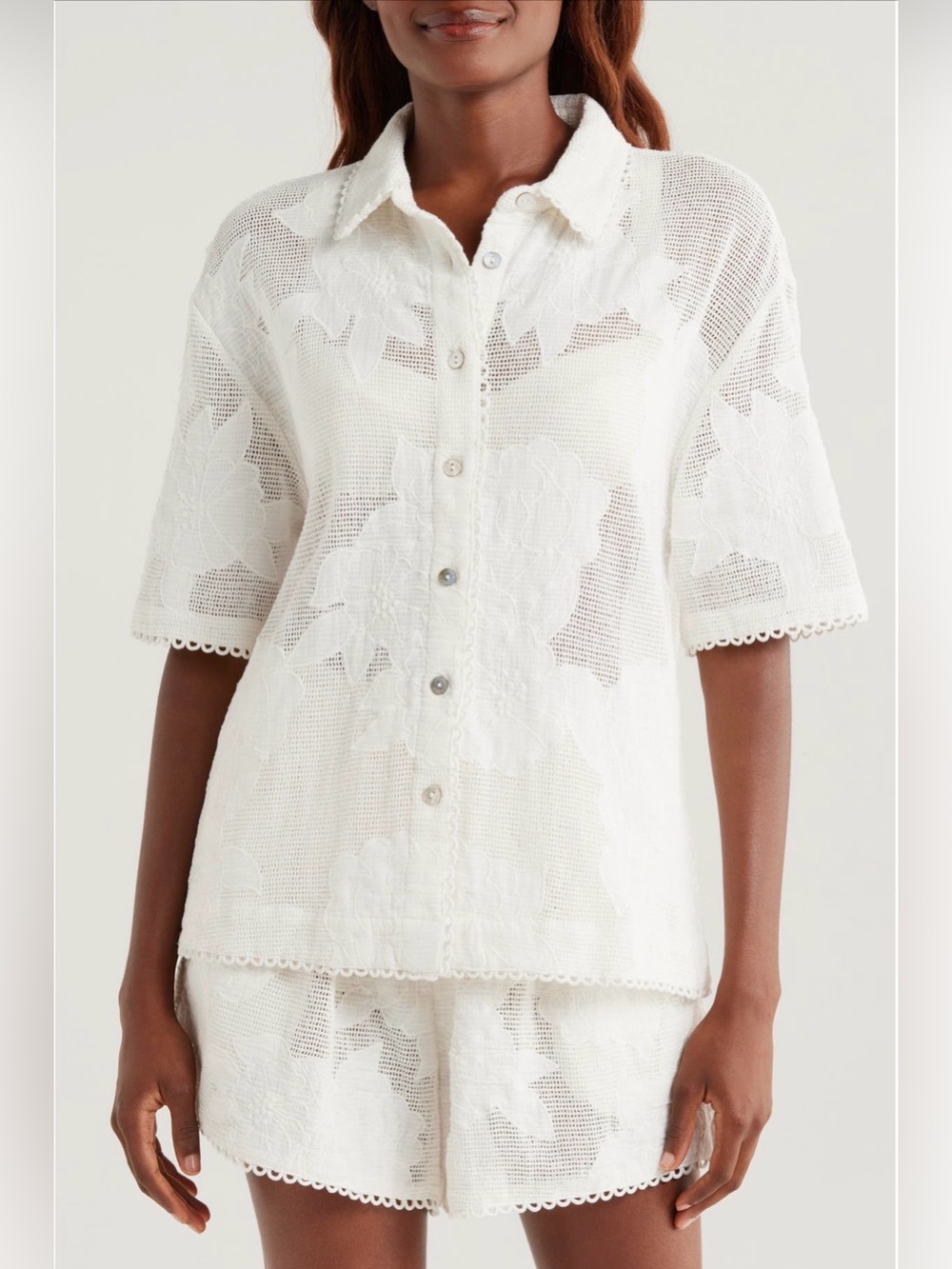 Farm Rio Women's White Flower Shirt Cover-Up M